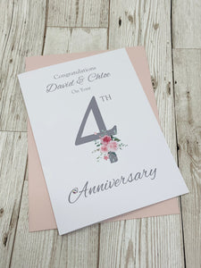 4th Anniversary Card - Linen 4 Year Fourth Wedding Anniversary Luxury Greeting Card Personalised - Floral Number