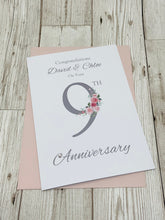 Load image into Gallery viewer, 9th Anniversary Card - Pottery 9 Year Ninth Wedding Anniversary Luxury Greeting Card Personalised - Floral Number
