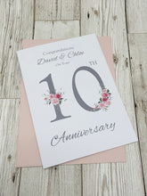 Load image into Gallery viewer, 10th Wedding Anniversary Card - Tin 10 Year Tenth Anniversary Luxury Greeting Card, Personalised  - Floral Number
