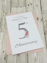 Load image into Gallery viewer, 5th Anniversary Card - Wood 5 Year Fifth Wedding Anniversary Luxury Greeting Card Personalised - Floral Number
