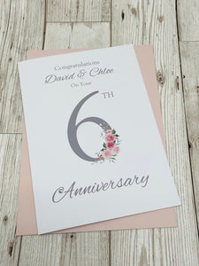 6th Anniversary Card - Iron 6 Year Sixth Wedding Anniversary Luxury Greeting Card, Personalised - Floral Number