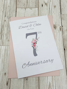 7th Anniversary Card - Copper 7 Year Seventh Wedding Anniversary Luxury Greeting Card Personalised - Floral Number