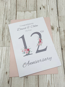 12th Wedding Anniversary Card - Silk 12 Year Twelfth Anniversary Luxury Greeting Card, Personalised - Floral Number