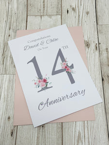 14th Wedding Anniversary Card - Ivory 14 Year Fourteenth Anniversary Luxury Greeting Card, Personalised - Floral Number