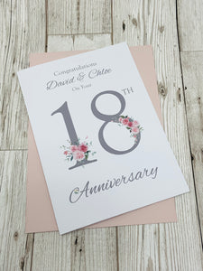 18th Wedding Anniversary Card - Porcelain 18 Year Eighteenth Anniversary Luxury Greeting Card, Personalised - Floral Number