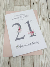 Load image into Gallery viewer, 21st Wedding Anniversary Card - Brass 21 Year Twenty First Anniversary Luxury Greeting Card, Personalised - Floral Number
