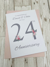 Load image into Gallery viewer, 24th Wedding Anniversary Card - Opal 24 Year Twenty Fourth Anniversary Luxury Greeting Card, Personalised - Floral Number
