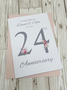 24th Wedding Anniversary Card - Opal 24 Year Twenty Fourth Anniversary Luxury Greeting Card, Personalised - Floral Number