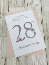 Load image into Gallery viewer, 28th Wedding Anniversary Card - Orchid 28 Year Twenty Eighth Anniversary Luxury Greeting Card, Personalised - Floral Number
