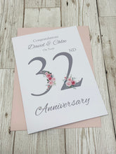 Load image into Gallery viewer, 32nd Wedding Anniversary Card - Lapis 32 Year Thirty Second Anniversary Luxury Greeting Card, Personalised - Floral Number
