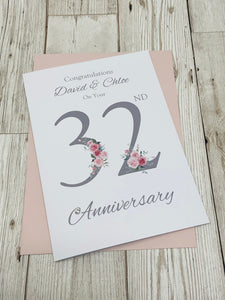 32nd Wedding Anniversary Card - Lapis 32 Year Thirty Second Anniversary Luxury Greeting Card, Personalised - Floral Number