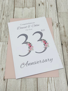 33rd Wedding Anniversary Card - Amethyst 33 Year Thirty Third Anniversary Luxury Greeting Card, Personalised - Floral Number