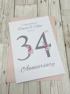 34th Wedding Anniversary Card - Opal 34 Year Thirty Fourth Anniversary Luxury Greeting Card, Personalised - Floral Number