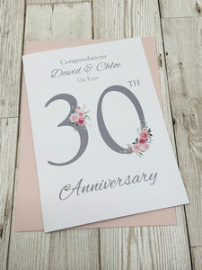 30th Wedding Anniversary Card - Pearl 30 Year Thirtieth Anniversary Luxury Greeting Card, Personalised - Floral Number