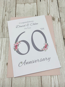 60th Wedding Anniversary Card - Diamond 60 Year Sixtieth Anniversary Luxury Greeting Card Personalised - Floral Number