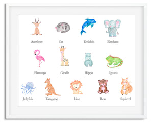 Name Watercolour Wildlife Zoo Animal A4 Print - 26 Animals To Choose From