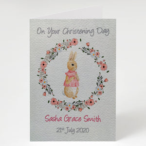 Peter Rabbit Wreath Personalised Girls Christening Card - Baptism, Naming Day Etc